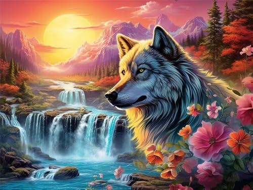 Malen Nach Zahlen Erwachsene Wolf Wasserfall, Malen Nach Zahlen mit Pinseln und Acrylfarben, DIY Paint by Numbers 40 x 30 cm, Malen-Nach-Zahlen Leinwand für Anfänger, Home Decor (Ohne Rahmen) -YH469 von LLWYH