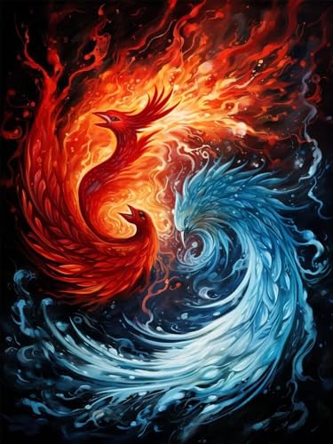 Malen Nach Zahlen Wasser Feuer Phönix Malen Nach Zahlen Erwachsene Groß 60x80cm, DIY Paint by Numbers Inklusive 3 Pinsel und Acrylfarben, Ölgemälde Leinwand Kit für Home Haus Deko (Ohne Rahmen) -PT257 von LLWYH