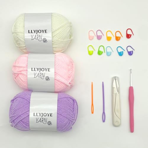 LLYJOYE Häkelgarn-Set für Anfänger, 3 x 48 g Baumwollgarn mit Haken und Werkzeugen, zum Häkeln von Amigurumi & Oma Quadrate & Babykleidung, Weiß Rosa Lila LLYJOYE Häkelgarn-Set für Anfänger, 3 x 48 g Baumwollgarn mit Haken und Werkzeugen, zum Häkeln von Amigurumi & Oma Quadrate & Babykleidung, Weiß Rosa Lila von LLYJOYE