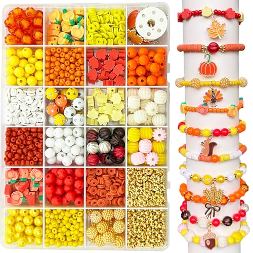 LLchunyun Herbstperlen zur Herstellung von Armbändern, Thanksgiving-Ton-Perlen mit Chrams zur Schmuckherstellung, Herbst-Ahornblatt-Kürbis, Acrylperlen, Abstandshalter für Freundschaftsarmbänder von LLchunyun