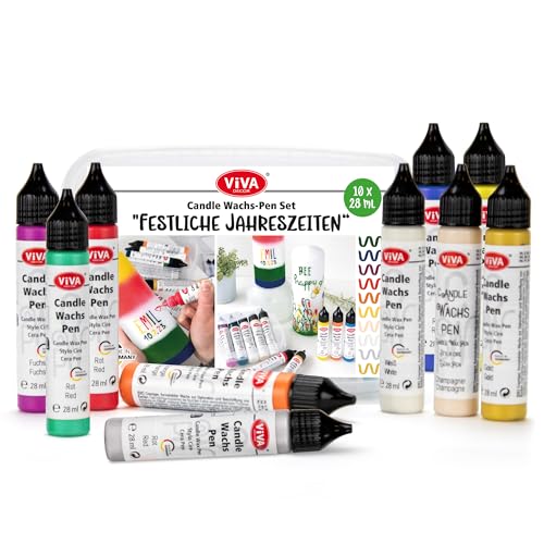 LM-Kreativ Wachspen - Set - Festliche Jahreszeiten - 10 Farben je 28 ml in praktischer Box - Kerzenstifte für Kerzen bemalen Set Kerzenstifte zum Verzieren Kerzenmalstifte Taufkerze selber machen von LM-Kreativ