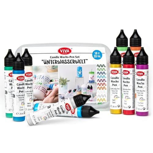 LM-Kreativ Wachs Pen für Kerzen Set - Unterwasserwelt - 10 x 28 ml in praktischer Box - Kerzenstifte für Kerzen bemalen | Candle Pen Kerzenstifte | Verzieren Kerzenmalstifte Taufkerze selber machen von LM-Kreativ