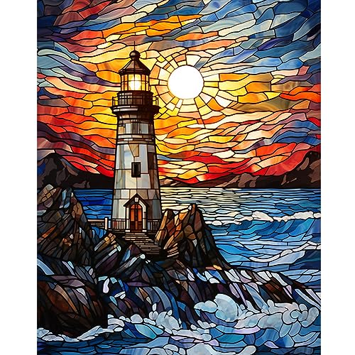 LMIX Buntglas Leuchtturm Meer Diamant Malerei Kit für Erwachsene, 40 x 50 cm, DIY Art Kit von LMIX