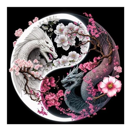 LMIX Diamant-Malerei-Set mit rosa Blumen, Yin-Yang-Drache, für Erwachsene, Diamant-Kunst-Sets für Erwachsene, als Geschenk, Heimdekoration, 30 x 30 cm von LMIX