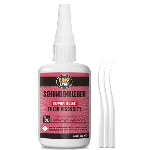 Sekundenkleber extra stark, 50g, Cyanacrylat(CA) Kleber, Superkleber extra stark für alles, Inkl.Anti-Verstopfungskappe und dünnen Aufsetzkanülen, Sekundenkleber flüssig - Dickflüssig 1500 CPS von LMQ LASH