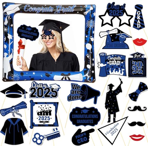 LMSHOWOWO Blau Graduation Deko 2025, Abschlussfeier Aufblasbarer Fotorahmen & 21 Stück Foto Requisiten, Fotobox Accessoires für Abschluss, Graduation Fotorequisiten von LMSHOWOWO