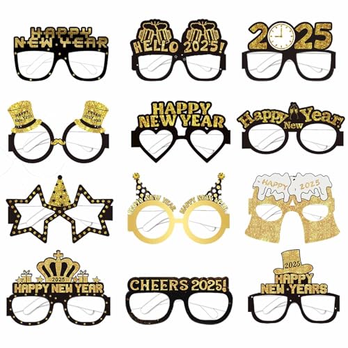 LMSHOWOWO 12 PCS Frohes Neues Jahr Brillen, Silvester Deko 2025, Happy New Year Brillen, 2025 Silvester Brille, Papier Neujahr Partybrillen, für 2025 Neujahr Silvester Party Dekoration Foto Requisiten von LMSHOWOWO