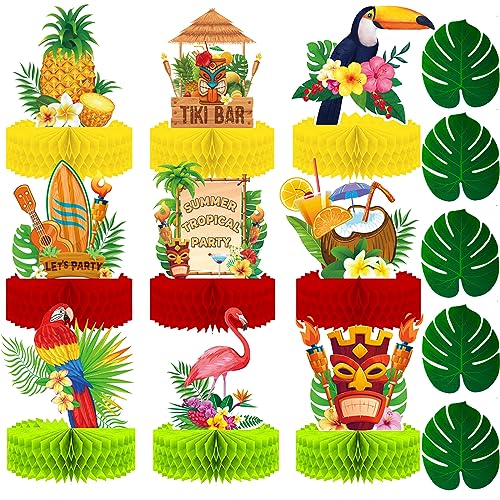 LMSHOWOWO 9 Stück Hawaiian Tischdekorationen Wabenförmige Mittelstücke und 5 Stück Künstliche Tropische Palmenblätter Tafelaufsatz für Aloha Tropischen Sommer Geburtstag Thema Hawaiian Partyzubehör von LMSHOWOWO