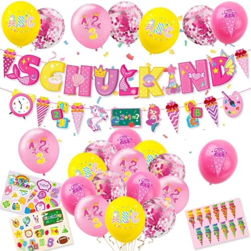 LMSHOWOWO Einschulung Schuleinführung Schulanfang Deko Set, Schulkind 2025 Deko Junge Mädchen, SCHULKIND Girlande, Zuckertüte Banner, 22 Latexballons mit ABC 123 Motiv, 16 Tortendeko 3 Aufkleber von LMSHOWOWO