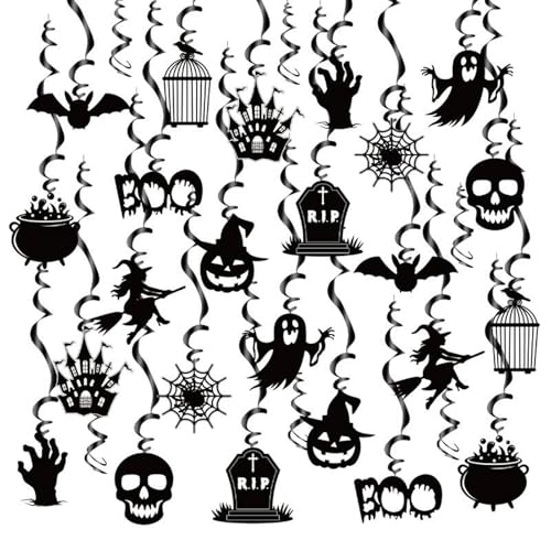 LMSHOWOWO Halloween-Hängewirbel Dekorationen, 30 Stück, Folien-Hängedecke, Luftschlangen mit schwarzem gruseligem Geist, Kürbis, Hexen, Fledermaus für Halloween-Partys, Innen- und Außenbereich LMSHOWOWO Halloween-Hängewirbel Dekorationen, 30 Stück, Folien-Hängedecke, Luftschlangen mit schwarzem gruseligem Geist, Kürbis, Hexen, Fledermaus für Halloween-Partys, Innen- und Außenbereich von LMSHOWOWO