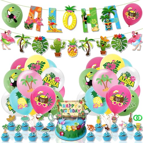 LMSHOWOWO Hawaii-Dekorationen, 43-teiliges Party-Set mit Flamingo-Ballons, Banner, Kuchendekoration, für unter dem tropischen Luau-Party-Hintergrund, Sommer-Strandzubehör LMSHOWOWO Hawaii-Dekorationen, 43-teiliges Party-Set mit Flamingo-Ballons, Banner, Kuchendekoration, für unter dem tropischen Luau-Party-Hintergrund, Sommer-Strandzubehör von LMSHOWOWO