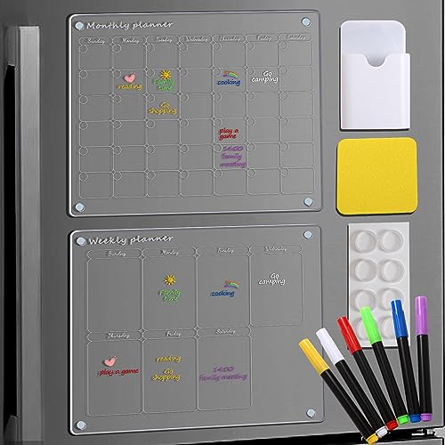 Magnetischer Acrylkalender für Kühlschrank 2-Set,12"x16" Monatlich/Wöchentlich Clear Kühlschrank Kalender Trocken Erase Magnetische Plantafeln mit Radiergummi, 6 Color Marker, Stifthalter von LMTNNB