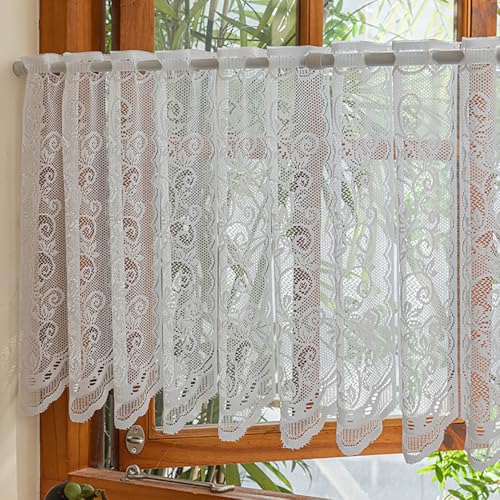 LNGFSH Scheibengardinen Landhausstil Kurzstores Weißer Floraler Stickerei Spitzen Voile Transparent Kurzvorhang Kurzgardinen Küchengardine Küche Vorhang Fenster (BxH 150x120cm) von LNGFSH