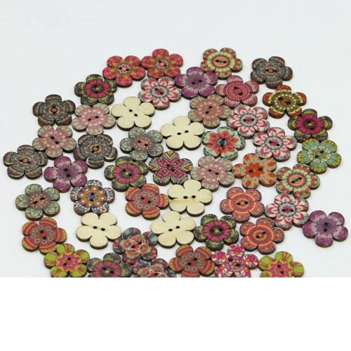(50 Stück/Packung) 2 cm Vintage-Pflaumenblütenknöpfe, 2-Loch-Holzknöpfe, Basteln, Nähen, Scrapbook, DIY-Dekoration, Vintage-Farbdruck, Mix, 2 cm von LNHBZ