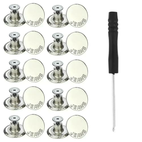 10 Stück Ersatz-Jeansknöpfe, 17 mm, nähfrei, ohne Nägel, abnehmbar, Metall, Jeansknopf mit Reparaturgewinde, Nieten und Schraubendreher-F von LNHBZ