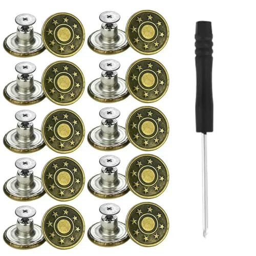 10 Stück Ersatz-Jeansknöpfe, 17 mm, ohne Nähen, ohne Nägel, abnehmbarer Jeansknopf aus Metall mit Reparaturgewinde, Nieten und Schraubendreher-A von LNHBZ