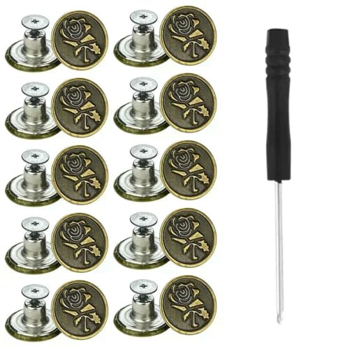10 Stück Ersatz-Jeansknöpfe, 17 mm, ohne Nähen, ohne Nägel, abnehmbarer Jeansknopf aus Metall mit Reparaturgewinde, Nieten und Schraubendreher-B von LNHBZ