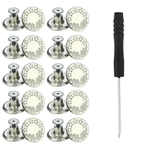 10 Stück Ersatz-Jeansknöpfe, 17 mm, ohne Nähen, ohne Nägel, abnehmbarer Jeansknopf aus Metall mit Reparaturgewinde, Nieten und Schraubendreher-C von LNHBZ