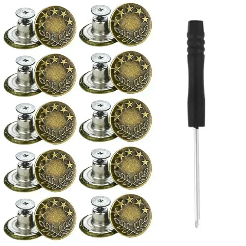 10 Stück Ersatz-Jeansknöpfe, 17 mm, ohne Nähen, ohne Nägel, abnehmbarer Jeansknopf aus Metall mit Reparaturgewinde, Nieten und Schraubendreher-D von LNHBZ