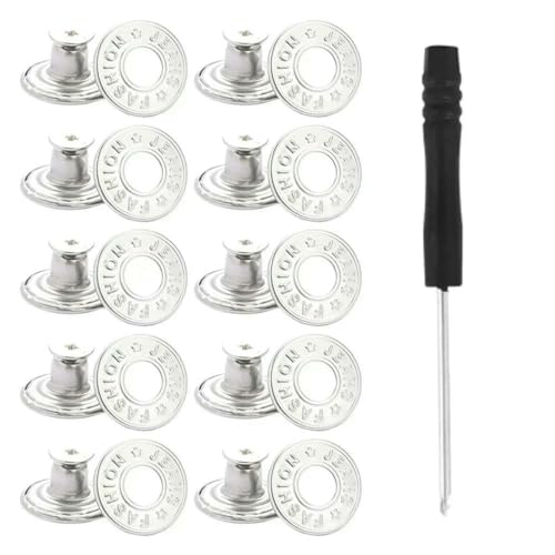 10 Stück Ersatz-Jeansknöpfe, 17 mm, ohne Nähen, ohne Nägel, abnehmbarer Jeansknopf aus Metall mit Reparaturgewinde, Nieten und Schraubendreher-E von LNHBZ