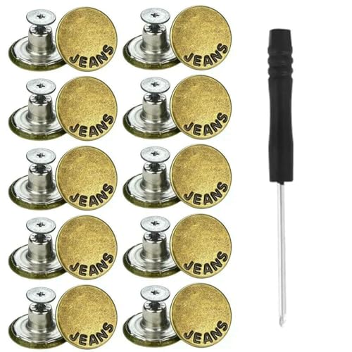 10 Stück Ersatz-Jeansknöpfe, 17 mm, ohne Nähen, ohne Nägel, abnehmbarer Jeansknopf aus Metall mit Reparaturgewinde, Nieten und Schraubendreher-G von LNHBZ