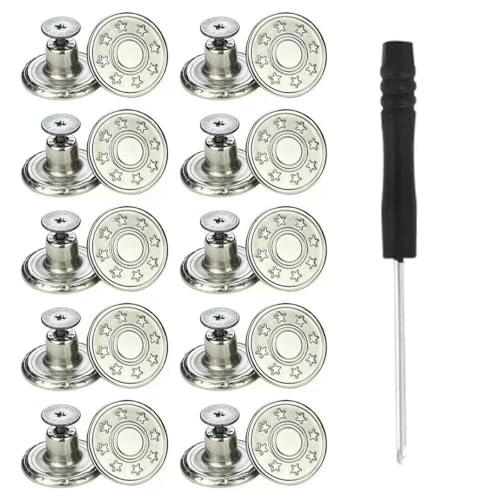10 Stück Ersatz-Jeansknöpfe, 17 mm, ohne Nähen, ohne Nägel, abnehmbarer Jeansknopf aus Metall mit Reparaturgewinde, Nieten und Schraubendreher-H von LNHBZ
