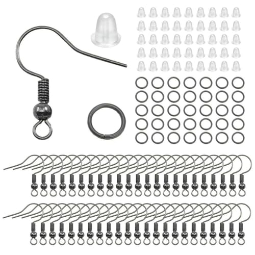 100/300 Stück/Los Hypoallergenes Ohrringhaken-Set, farblich gemischte Ohrhaken, Angelhaken, offene Biegeringe, Ohrstöpsel für die DIY-Schmuckherstellung, Gun Black, 300 Stück von LNHBZ