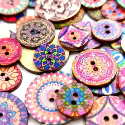 100 Stück Retro-runde Holzknöpfe DIY Handnähprozess Druck Holzspäne 15/20/25 mm Zwei-Loch-Knopf für Kleidungsdekoration-20 mm von LNHBZ