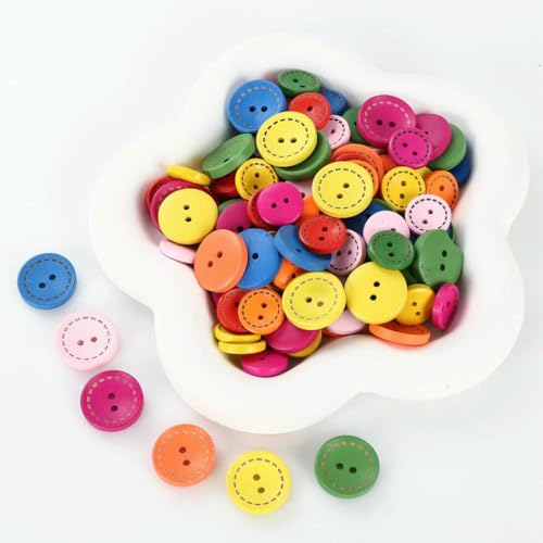 15 mm, 100 Stück, natürliche Farbe, runde Holzknöpfe, 2 Löcher, Nähknopf mit gepunkteter Linie, Scrapbooking, DIY-Bekleidungszubehör, K, 15 mm, 100 Stück von LNHBZ