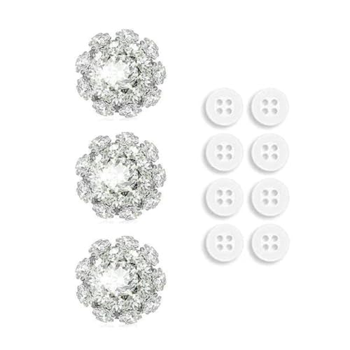 3 Stück Strass-Knopfabdeckungen mit 8 Stück Nähknöpfen, Kristallknöpfen, zum Anklipsen, für Schmuck, Damen, zum Nähen, Basteln, Dekorieren, weiß von LNHBZ