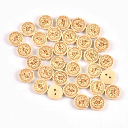 50 Stück 15 mm gemischte handgefertigte dekorative Holzknöpfe zum Nähen von Kleidung, Basteln, Scrapbooking, Heimwerken, 2 Löcher, CP3392-6 von LNHBZ