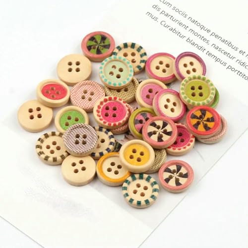 50 Stück 15 mm gemischtes Retro-Muster, 4 Löcher, runde Holzknöpfe für Nähzubehör, Kleidung, Basteln, Scrapbooking, Dekoration, DIY-B04302 von LNHBZ