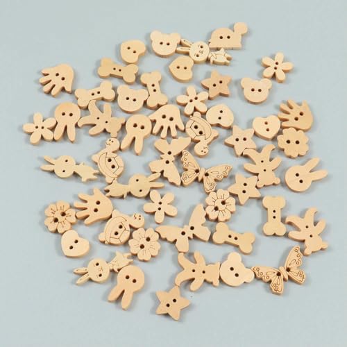 50 Stück 2 Löcher Naturfarbene Holzknöpfe mit Schmetterlings- und Tiermotiv, Blumenmotiv, für Handarbeiten, Basteln, Scrapbooking, DIY-Nähzubehör – gemischt – 50 Stück von LNHBZ