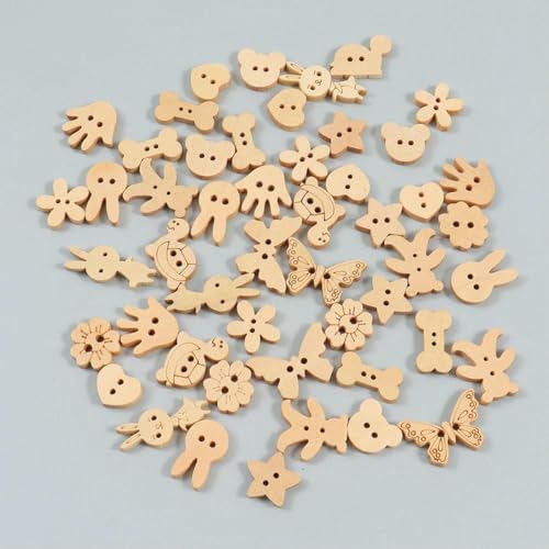 50 Stück 2 Löcher Naturfarbene Holzknöpfe mit Schmetterlings- und Tiermotiv, Blumenmotiv, für Handarbeiten, Basteln, Scrapbooking, DIY-Nähzubehör – gemischt – 50 Stück von LNHBZ