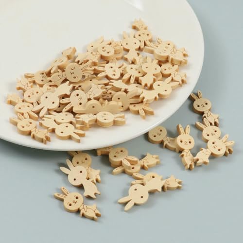50 Stück 2 Löcher Naturfarbene Schmetterlings-Tierblumen-Holzknöpfe für Handarbeiten, Basteln, Scrapbooking, DIY-Nähzubehör, Kaninchen, 50 Stück von LNHBZ