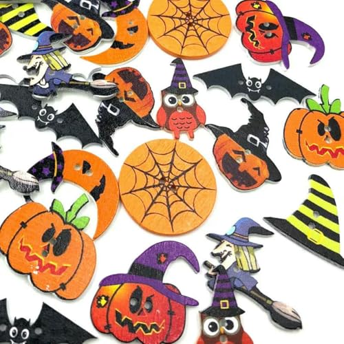 50 Stück Halloween-Holzknöpfe, gemischt, Kürbishut, Eule, Fledermäuse, 2 Löcher, Näh- und Bastelknöpfe für DIY-Kleidungszubehör, WB468-Standard von LNHBZ