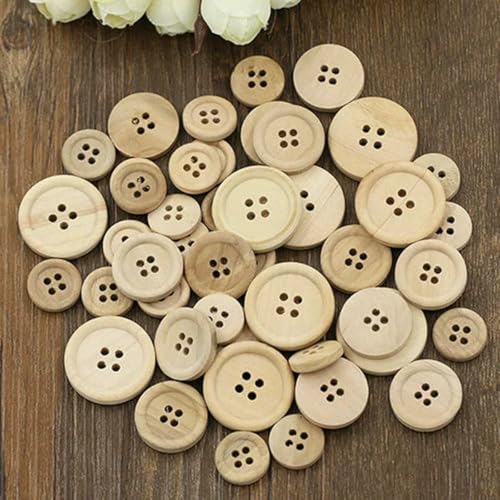 50 Stück Holzknöpfe, natürliche Farbe, rund, 4 Löcher, Knöpfe zum Nähen, Scrapbooking, Heimwerken, Nähzubehör, 15/20/25 mm, gemischt von LNHBZ