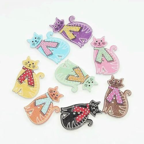 50 Stück natürliche Holzknöpfe mit 2 Löchern, Schmetterlingsblumen, Scrapbooking, Basteln, Nähzubehör, Dekorationen, 30 x 18 mm, Katze von LNHBZ