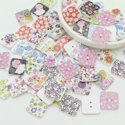 50 Stück natürliche Holzknöpfe mit 2 Löchern, Schmetterlingsblumen, Scrapbooking, DIY-Bastelarbeiten, Nähzubehör, Dekorationen, 15 mm quadratisch von LNHBZ