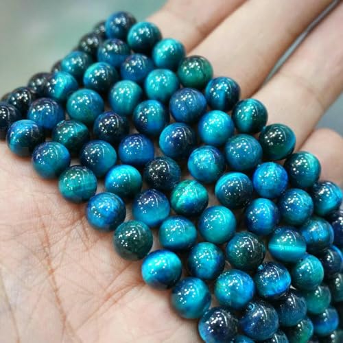 Natursteinperlen, bunte Tigerauge-Achate, runde Perlen, 38,1 cm Strang, 6, 8, 10, 12 mm, DIY-Charms, Armband, Halskette zur Schmuckherstellung – Saphirblau – 10 mm – ca. 38 Stück von LNHBZ