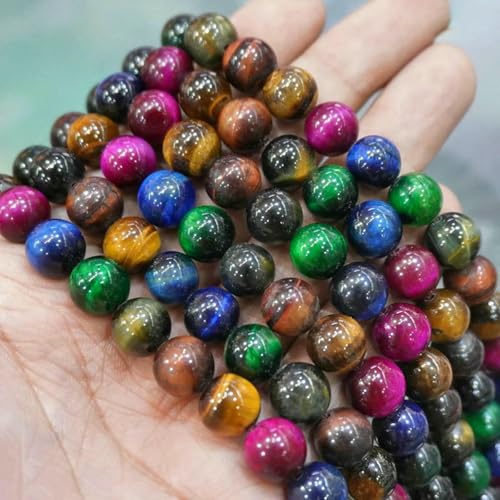 Natursteinperlen, bunte Tigerauge-Achatperlen, runde Perlen, 38,1 cm Strang, 6, 8, 10, 12 mm, DIY-Charms, Armband, Halskette zur Schmuckherstellung, gemischte Farben, 12 mm, ca. 32 Stück von LNHBZ