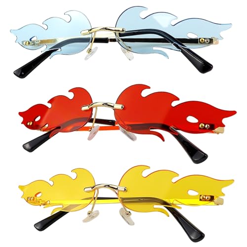 LNQ LUNIQI 3 Stück Flammen Sonnenbrille Lustige Brille Feuer Partybrille Karnevalsbrille Ravebrille für Damen Herren Maskerade Party Zubehör (1 Rot, 1 Gelb, 1 Blau) von LNQ LUNIQI