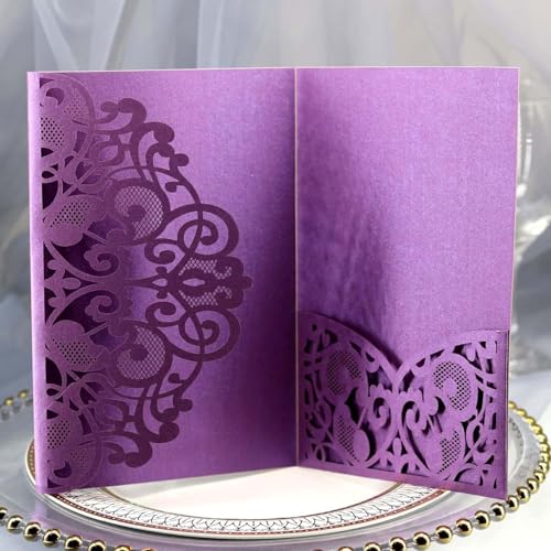 25-teiliges dreifach gefaltetes Einladungsset, 5 x 7 Zoll Vintage-Hochzeitseinladungskarten, lasergeschnittene Grußkarten mit hohler Schnitzerei (Außenkarte + Innenseite) Einladungen(Purple) von LNQKJXIIA