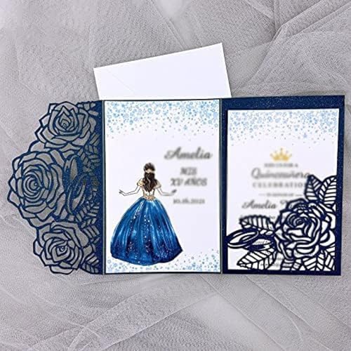 50 Sets dreifach gefaltete Hochzeitseinladungen, Einladungskarten, 5 x 7 Zoll, lasergeschnittenes, hohles Hochzeitseinladungsset for Hochzeits-, Verlobungs- und Partyeinladungen Einladungen(Navy) von LNQKJXIIA