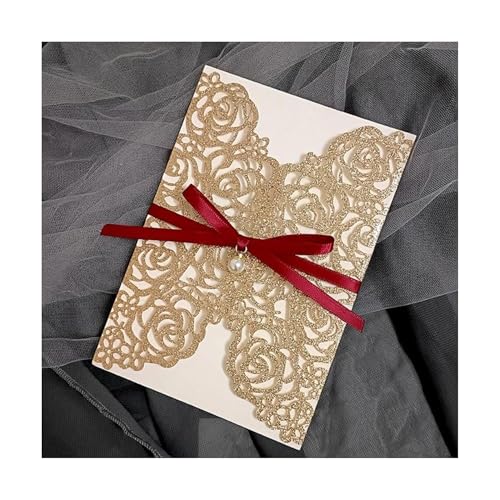 LNQKJXIIA 50 Sets 5 x 7 Laser Cut Rose Blume Hochzeit Einladungskarten, Champagner Gold Invitaciones mit Bowknot und Umschlägen Einladung for Hochzeit Invit Einladungen von LNQKJXIIA