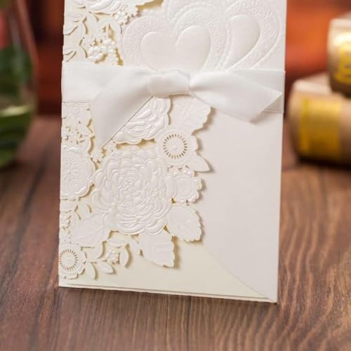 LNQKJXIIA 50 Sets Hochzeitseinladungen individuell gestalten, lasergeschnittene Hochzeitseinladungskarten mit Rosenherzen und Band, Hochzeitsdekoration, Event-Party-Zubehör Einladungen(Blanc) von LNQKJXIIA