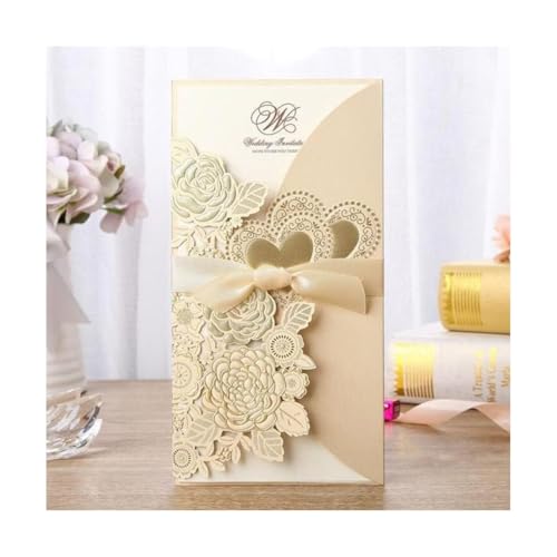 LNQKJXIIA 50 Sets Hochzeitseinladungen individuell gestalten, lasergeschnittene Hochzeitseinladungskarten mit Rosenherzen und Band, Hochzeitsdekoration, Event-Party-Zubehör Einladungen(Gold) von LNQKJXIIA
