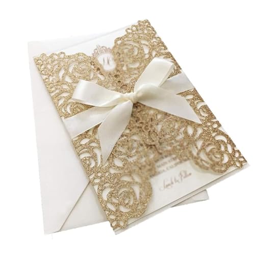 LNQKJXIIA 50 Sets lasergeschnittenes, hohles Hochzeitseinladungsset in Gold, 5 x 7 Zoll große Hochzeitseinladungen mit Umschlägen for Hochzeitsfeiern, Brautpartys Einladungen von LNQKJXIIA