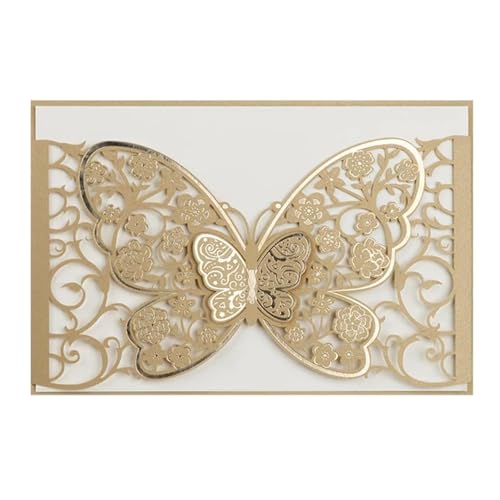 LNQKJXIIA 50 Stück Hochzeitseinladungen mit Hohlschnitzerei, neue Hochzeitseinladungen mit Schmetterlings-Heißprägung for Hochzeit, Geburtstag, Jahrestag Einladungen(Gold) von LNQKJXIIA