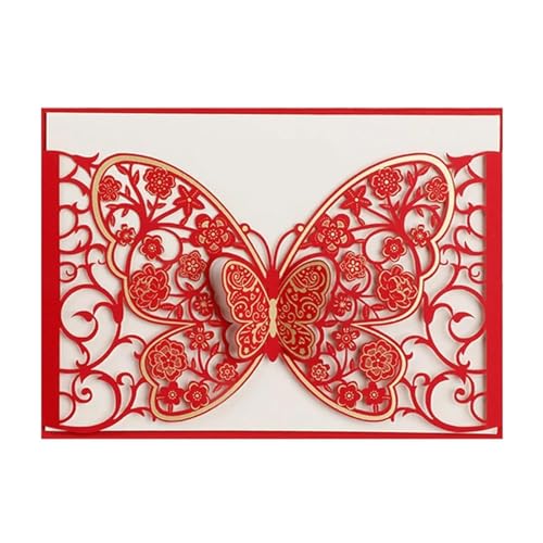 LNQKJXIIA 50 Stück Hochzeitseinladungen mit Hohlschnitzerei, neue Hochzeitseinladungen mit Schmetterlings-Heißprägung for Hochzeit, Geburtstag, Jahrestag Einladungen(Rosso) von LNQKJXIIA